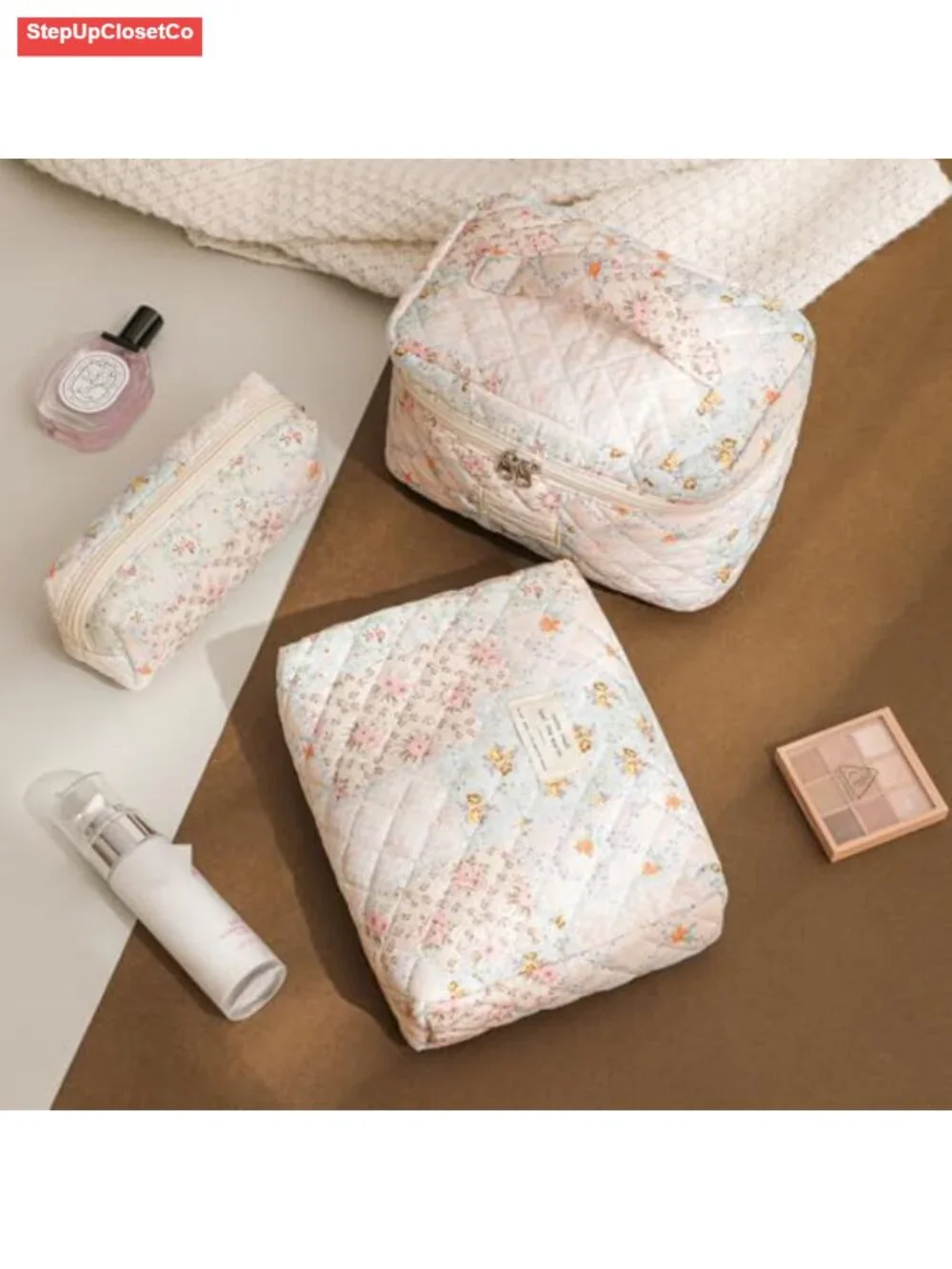 Quilted Cotton Makeup Bag with Zipper | Soft Floral Travel Cosmetic Pouch